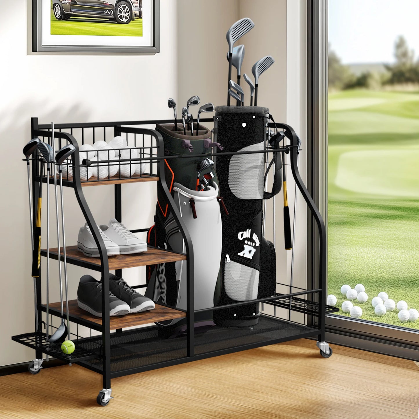 Metal Rolling Three Tier Golf Bag Storage Shelf Rack