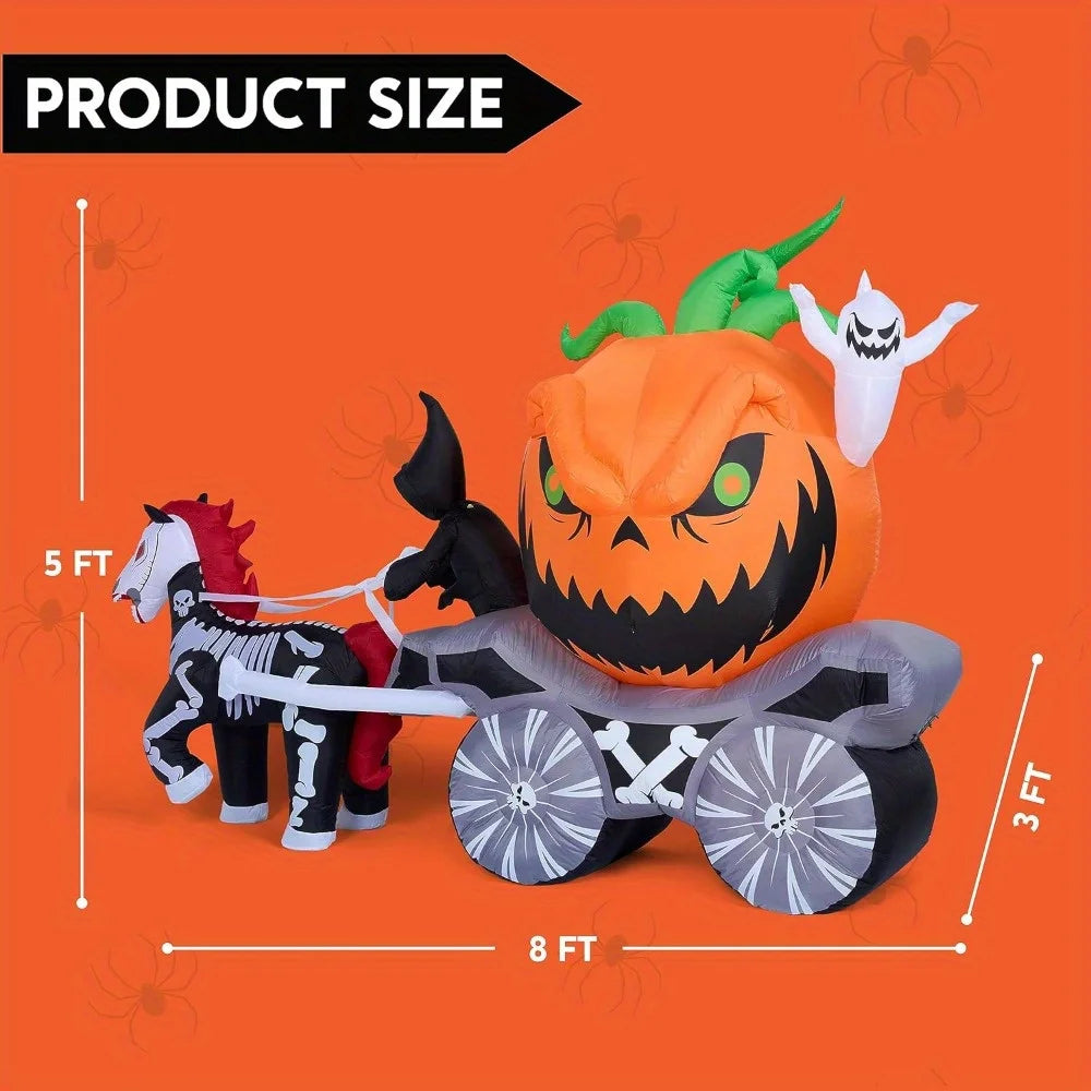 8 Ft Long Halloween Inflatables Pumpkin Carriage Outdoor Decorations Blow Up Pumpkin Carriage with Build-in LEDs Blow Up for Yard, Halloween Inflatables Party Decoration Outside Garden Lawn