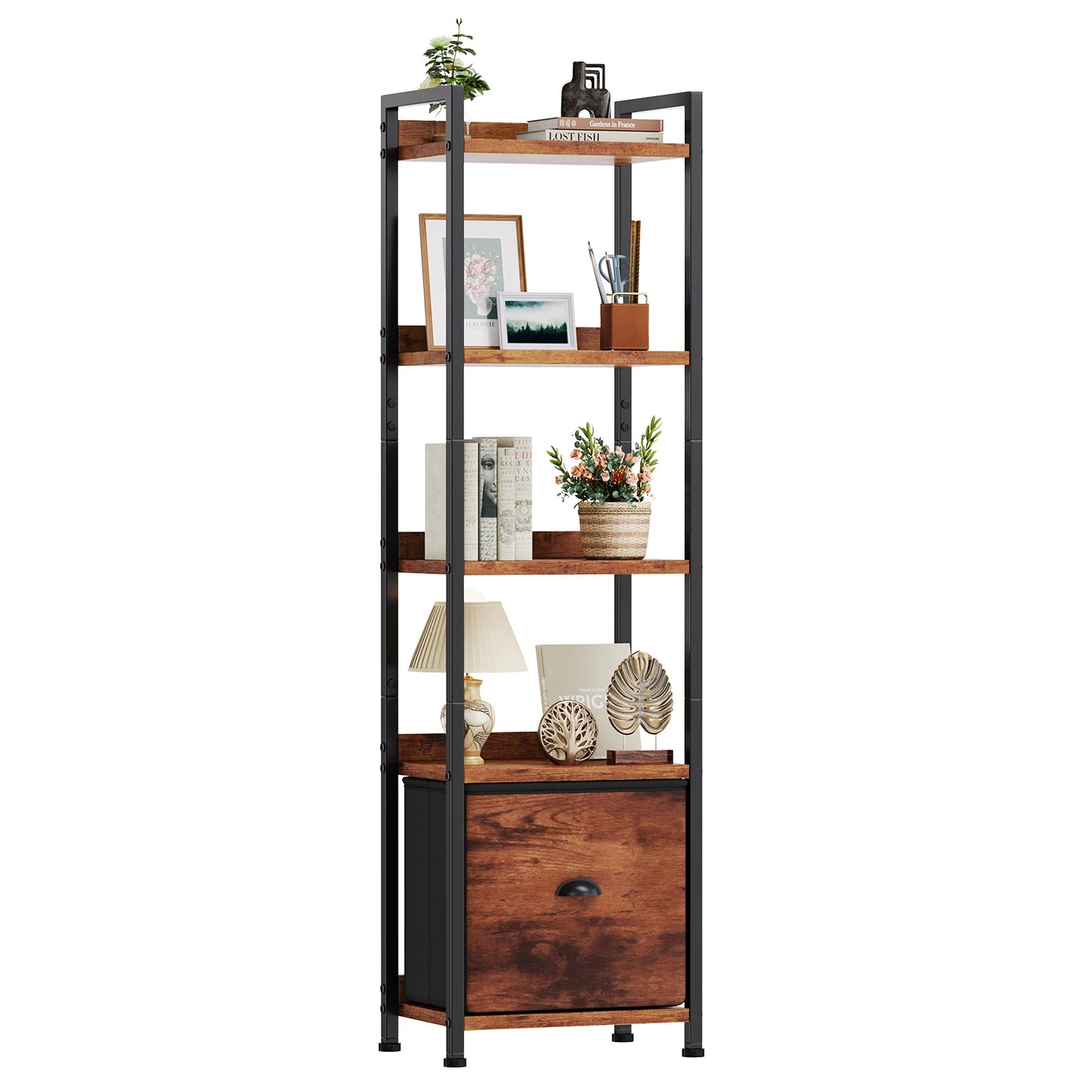 MCQ 4-5 Tier Bookshelf with Fabric Drawer Standing Open Book Shelf Organizer Wood and Metal Storage Shelf Organizer in Living Room Bedroom