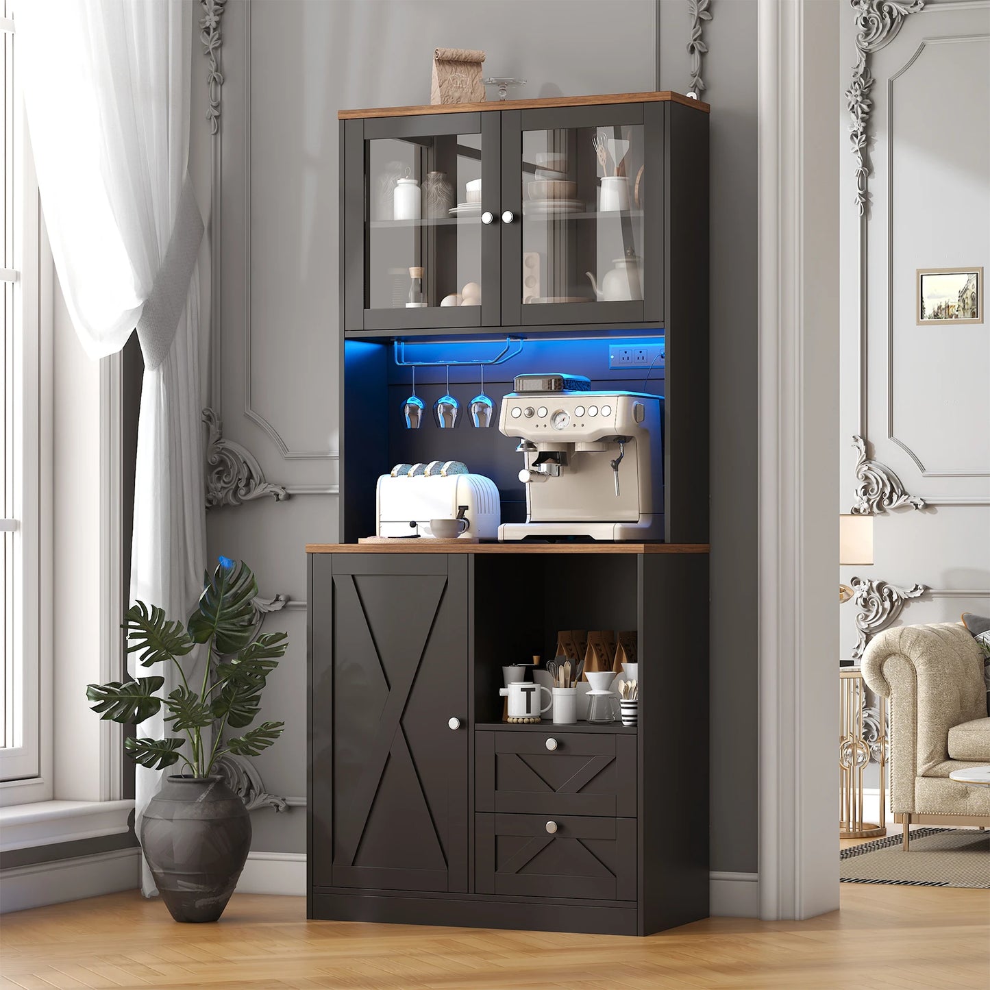 BIGBIGLIFE Kitchen Pantry Cabinet With LED Lights And Microwave Stand