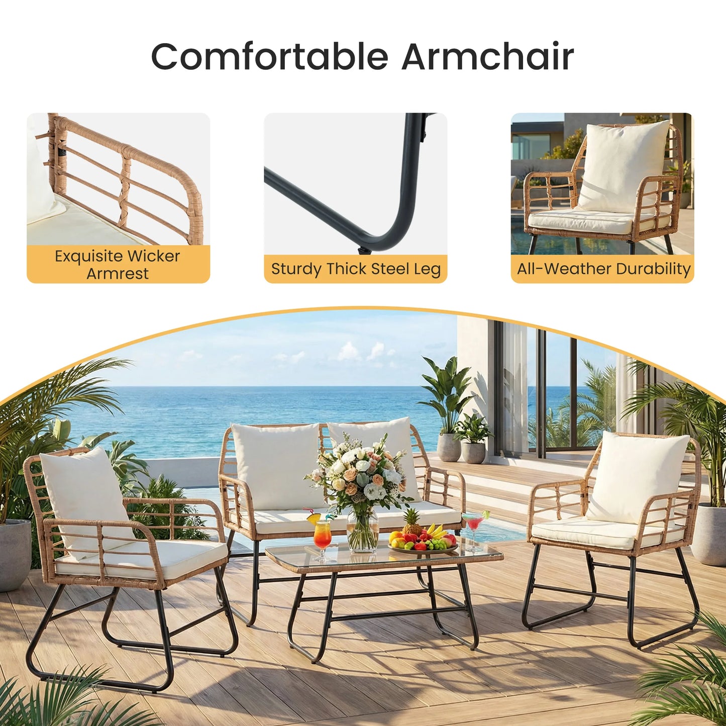 JHK Outdoor Wicker Patio Set With Glass Table Cushions