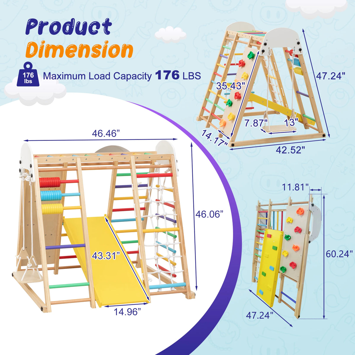 Multifunction Wooden Kids Climber Indoor Playground, Toddler Climbing Set with Slide, Swing, Climbing Ramp, Ladder and Cargo Net for Motor Skill Training