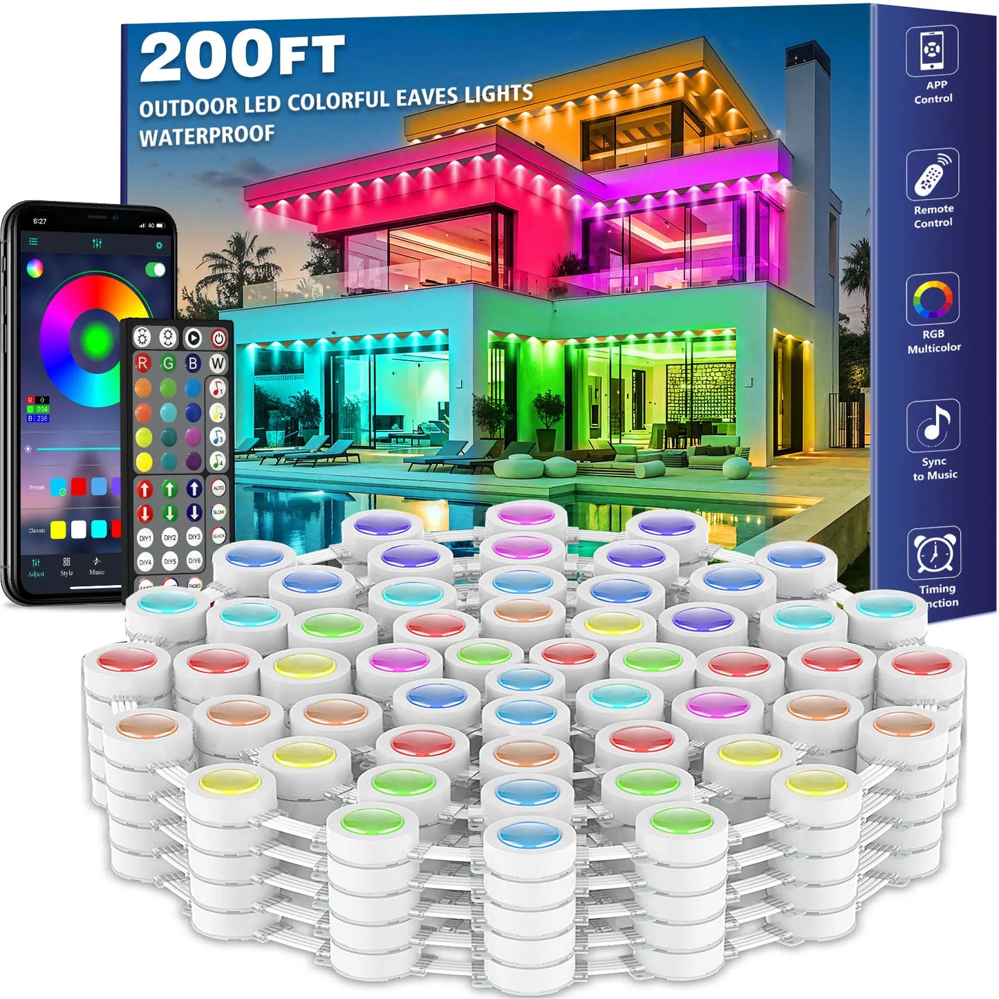 60M & 200FT Permanent Outdoor LED Eaves Lights RGB Waterproof Smart String Lights App Remote Control Color Changing Lamp for House Roof Garden Christmas Holiday Party Daily Accent Lighting