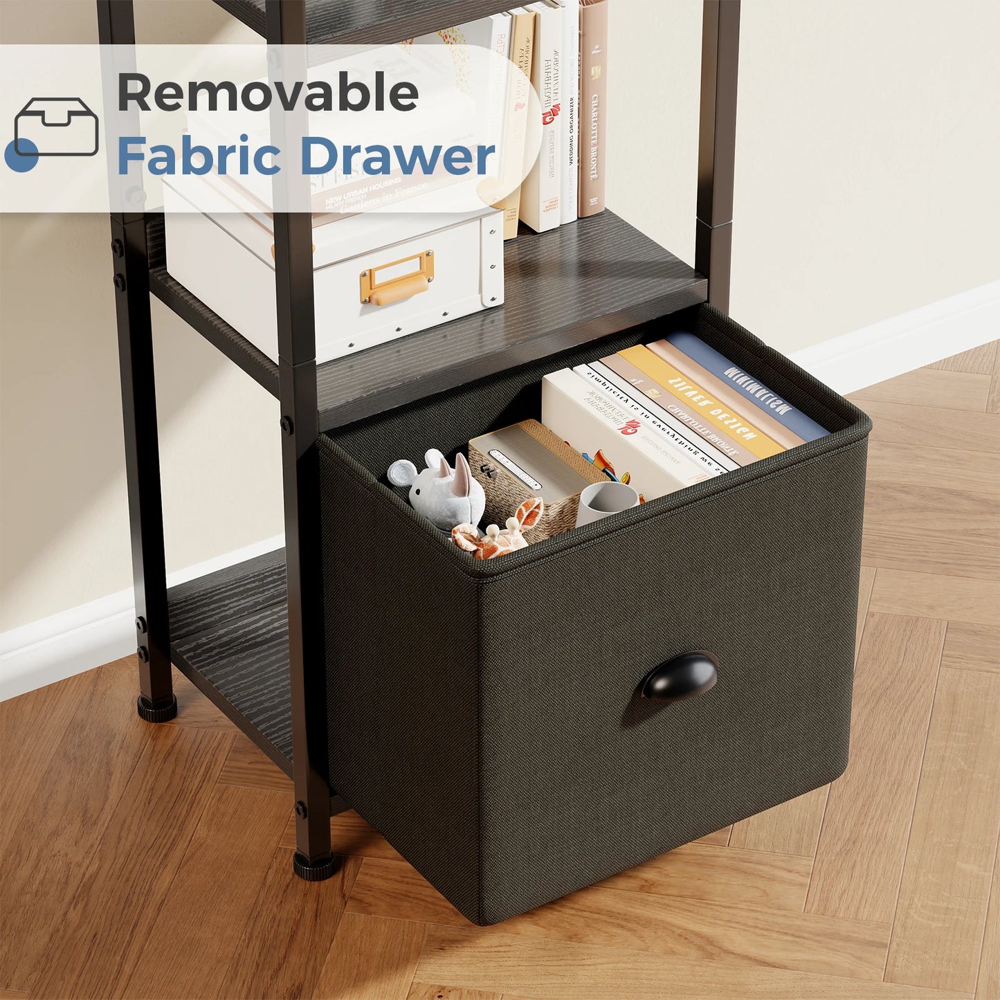 MCQ 4-5 Tier Bookshelf with Fabric Drawer Standing Open Book Shelf Organizer Wood and Metal Storage Shelf Organizer in Living Room Bedroom