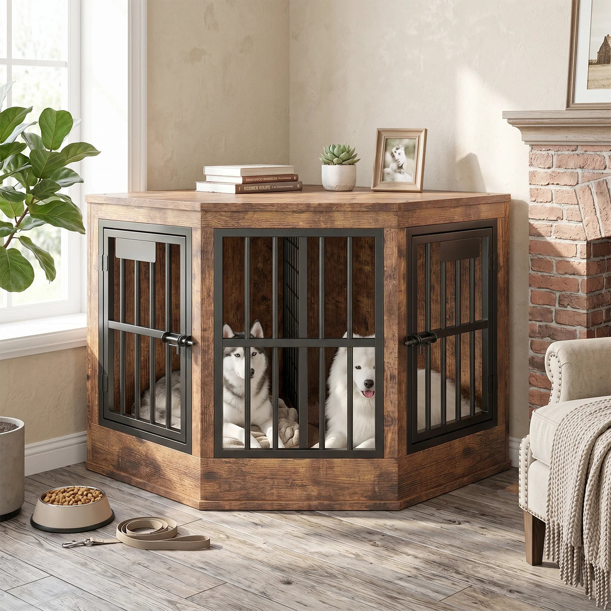 Wooden Corner Dog Crate Furniture Modern Indoor Dog Cage Decorative Pet House TV Stand for Medium and Large Sized Dogs Brown