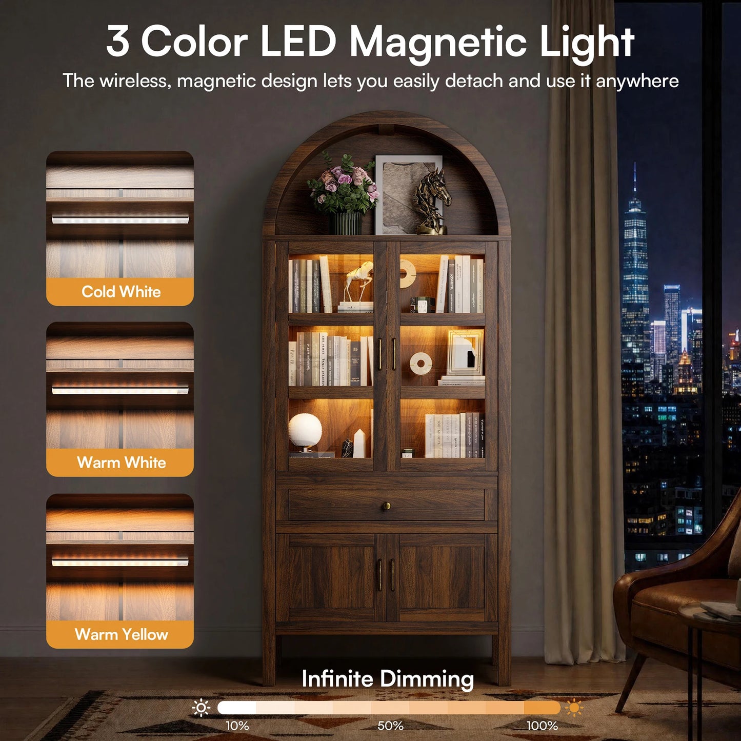 71 Inch Tall Full Wood Arched Storage Cabinet Adjustable Shelves Bookcase with Dimmable LED Lights for Living Room Bedroom