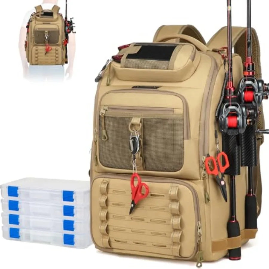 Fishing Tackle Backpack, Tackle Bags with 2 Rod Holders, Water-Resistant Tackle Bag Storage Bag for Fishing Gear Black