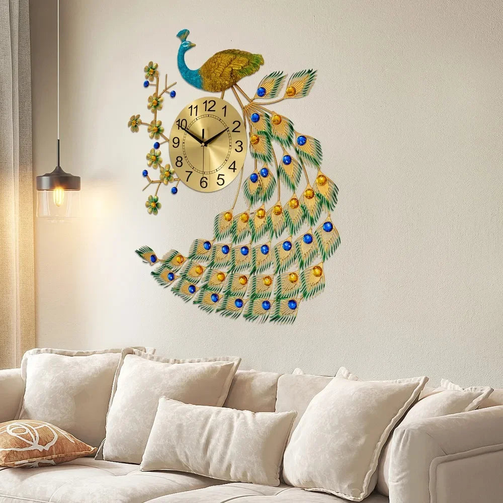 Peacock Inspired Metal Wall Clock 3D Living Room Decor Gift