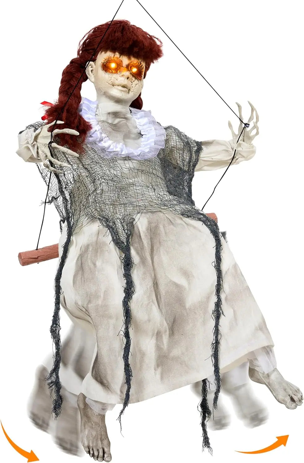 Hanging Scary Swing Girl Halloween Decorations Outdoor Halloween Decorations Winging White Doll with Creepy Sound and Light Up Eyes Sound, Animatronics Hanging Decors Activated
