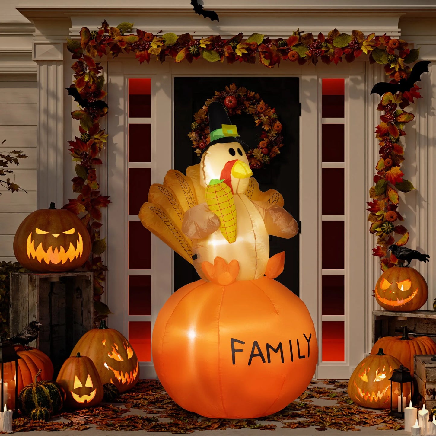 4.9ft Inflatable Thanksgiving Decoration Turkey, Blow Up Outdoor LED Yard Display, Waterproof