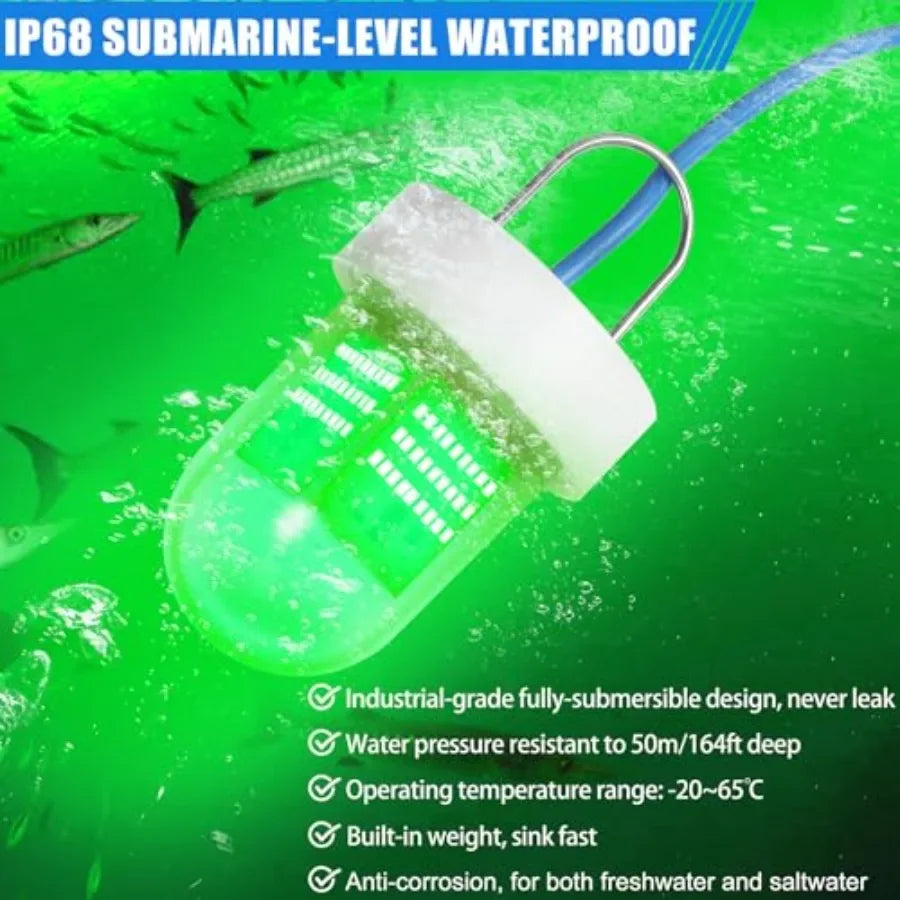 Underwater Green Fishing Light for Night Fishing on Docks and Boats, LED Submersible Lamp, 40000 Lumens, 80W, 12V, Green Color,