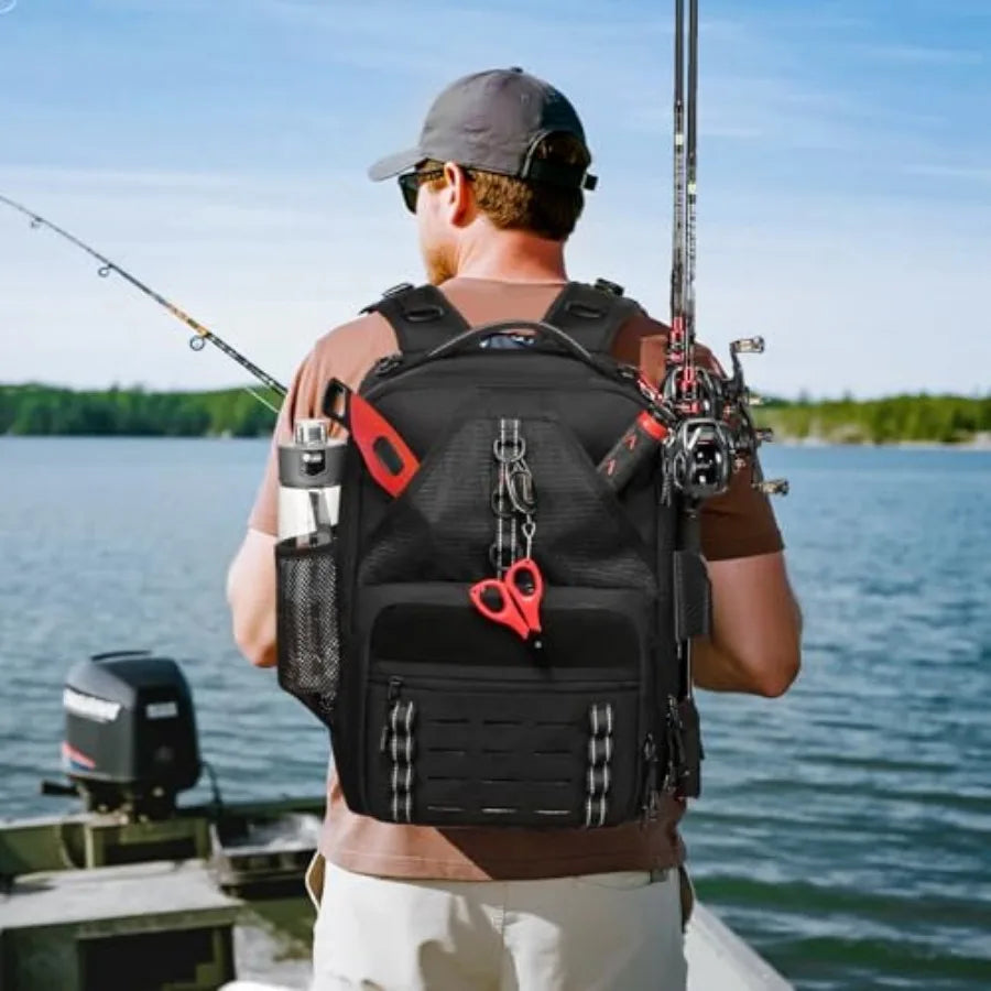 Fishing Tackle Backpack, Tackle Bags with 2 Rod Holders, Water-Resistant Tackle Bag Storage Bag for Fishing Gear Black