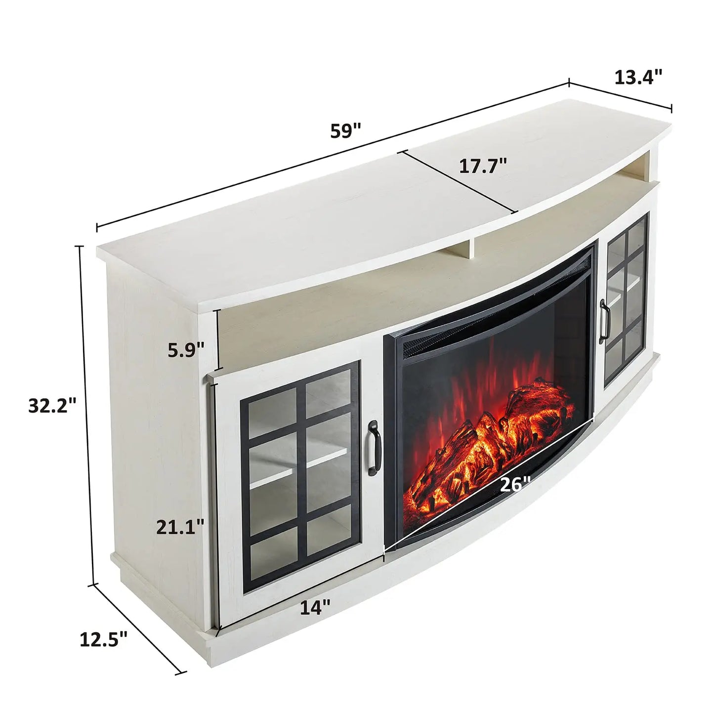 Curved Electric Fireplace TV Stand With Glass Door Storage