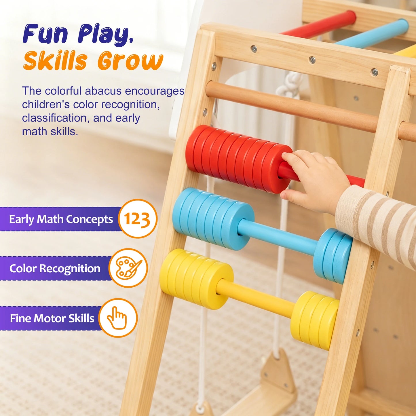 Multifunction Wooden Kids Climber Indoor Playground, Toddler Climbing Set with Slide, Swing, Climbing Ramp, Ladder and Cargo Net for Motor Skill Training