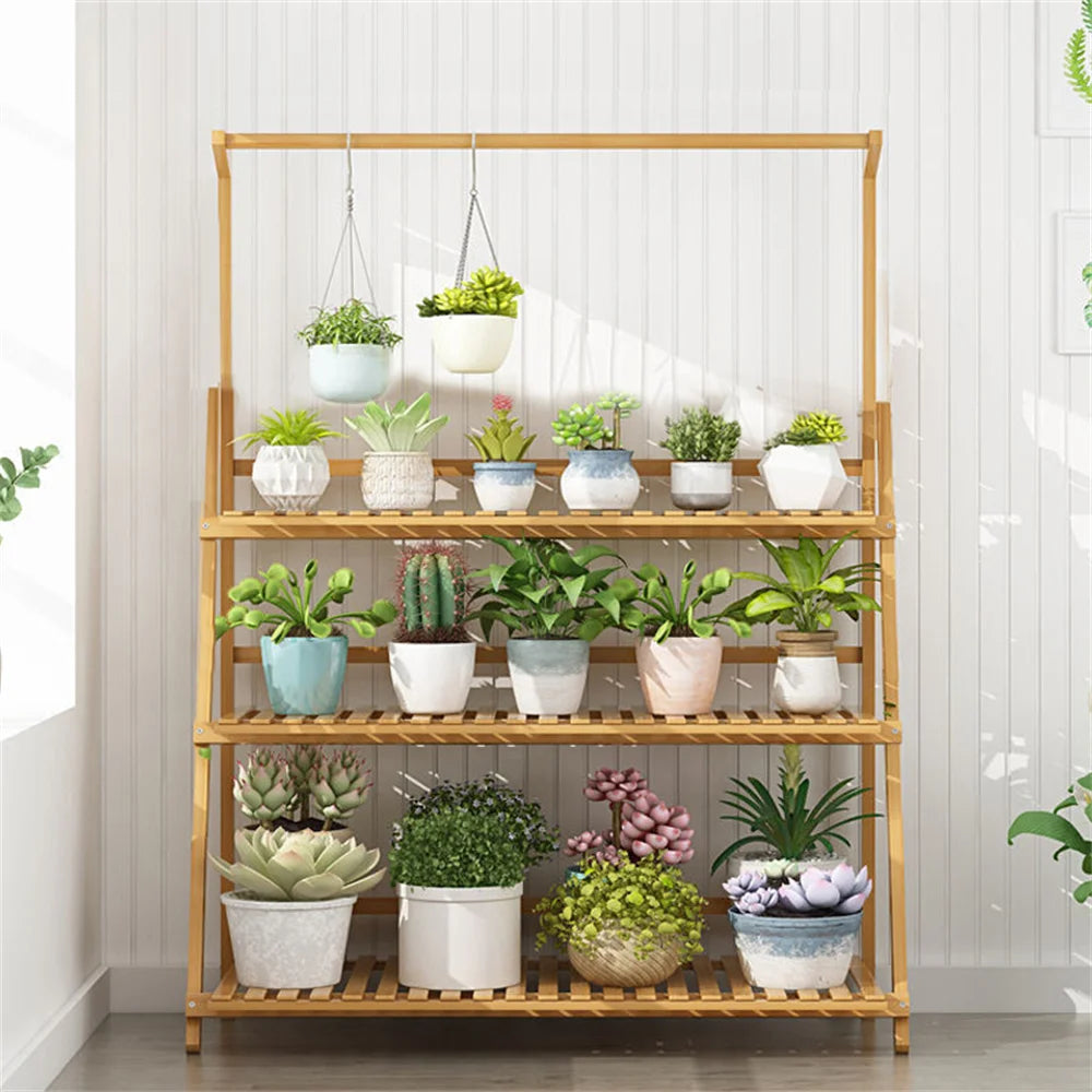 Folding Bamboo Plant Stand for Indoor and Outdoor Flower Pots