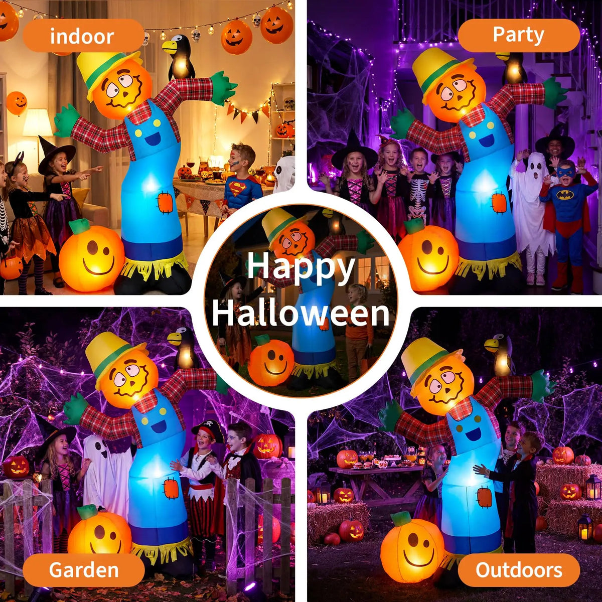 6ft Halloween Pumpkin Scarecrow Inflatable Outdoor Yard Decor With 7 Led Lights, Blower, Stakes & Ropes For Lawn Porch Garden Party