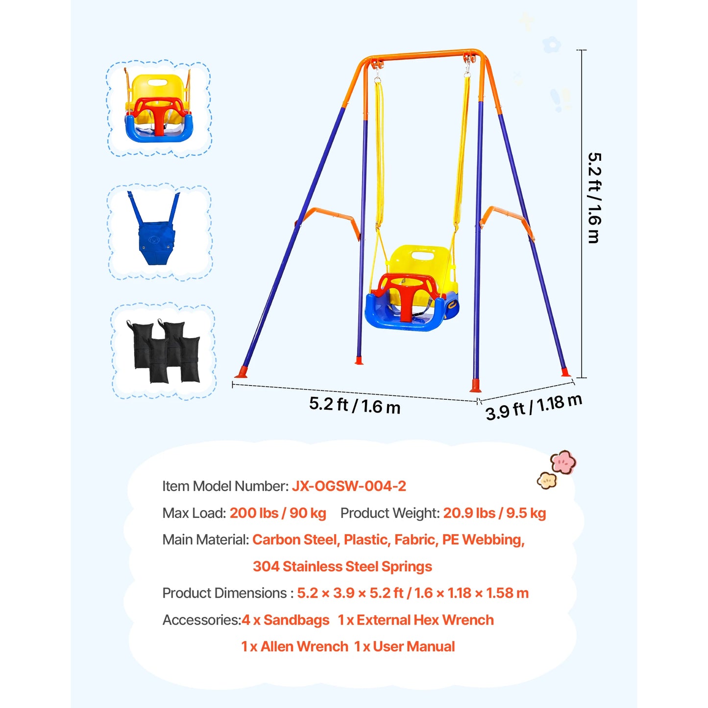 SucceBuy 2-In-1 Toddler Swing&Jumper Soft Foldable A-Frame Metal Stand Heavy Duty Thick Ropes Easy Install Store Indoor/Outdoor
