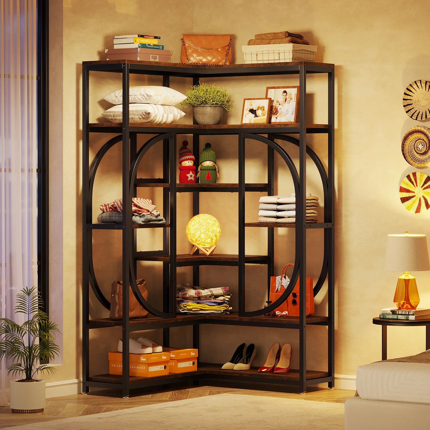 Little Tree 7 Shelf Corner Bookshelf Modern Tall L-Shaped Bookcase