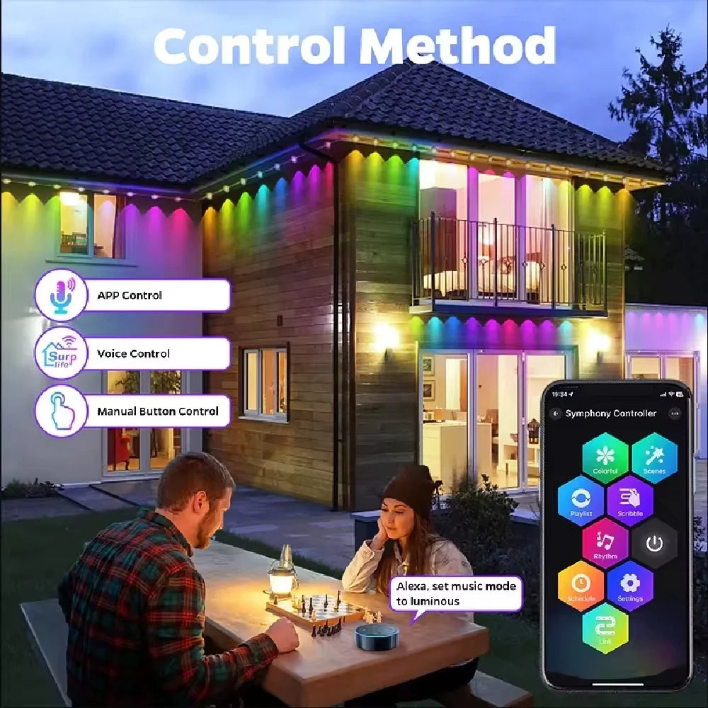15M USB Permanent Outdoor Lights Smart RGBIC LED Eaves Lights with App/Remote Control Full House Flashing Lighting Christmas Decor