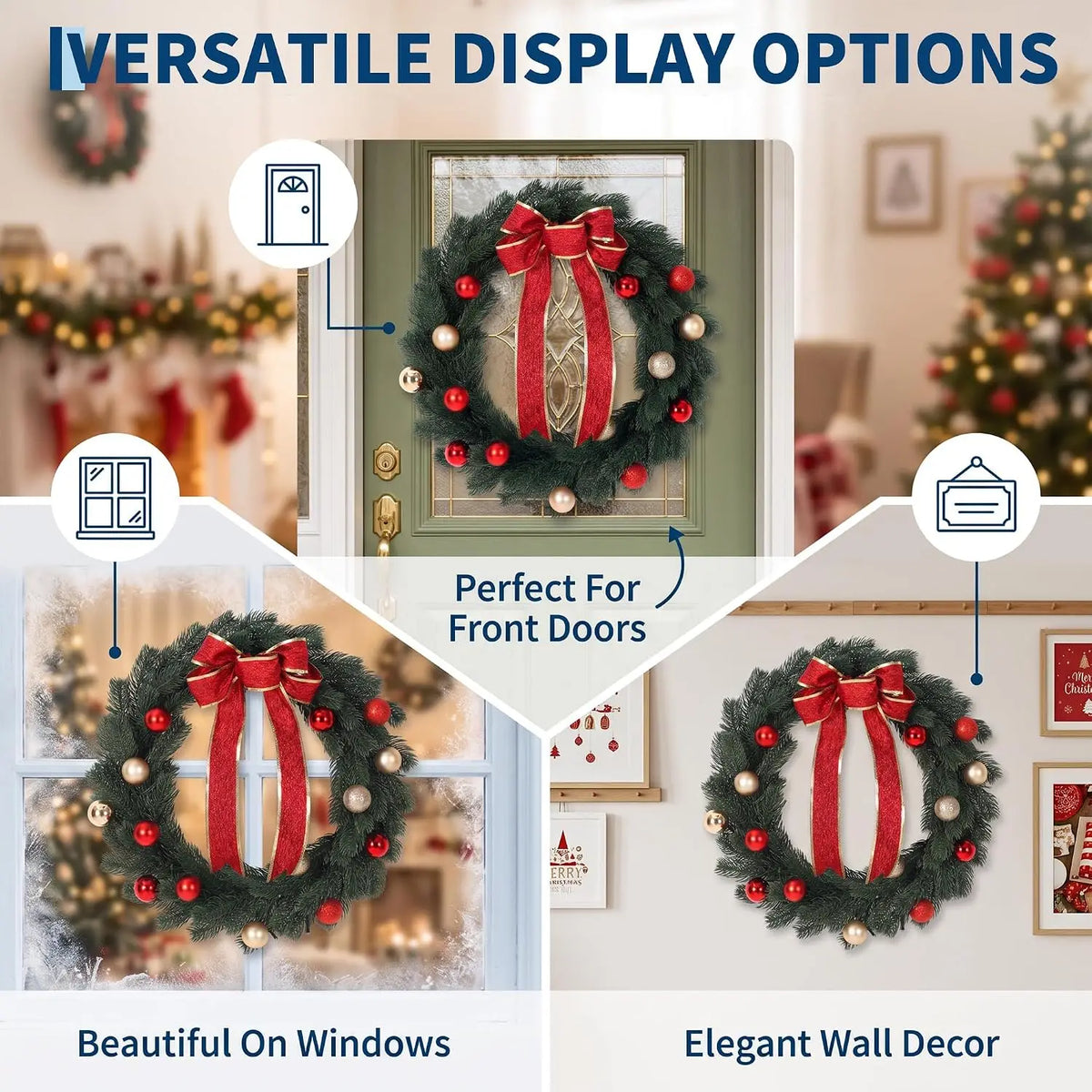 45/55/60CM Pre-Lit Christmas Wreath for Front Door Artificial Pine with LED Lights Red Bow & Red/Gold Ornaments Window Wall Hanging Decor Xmas Decorations