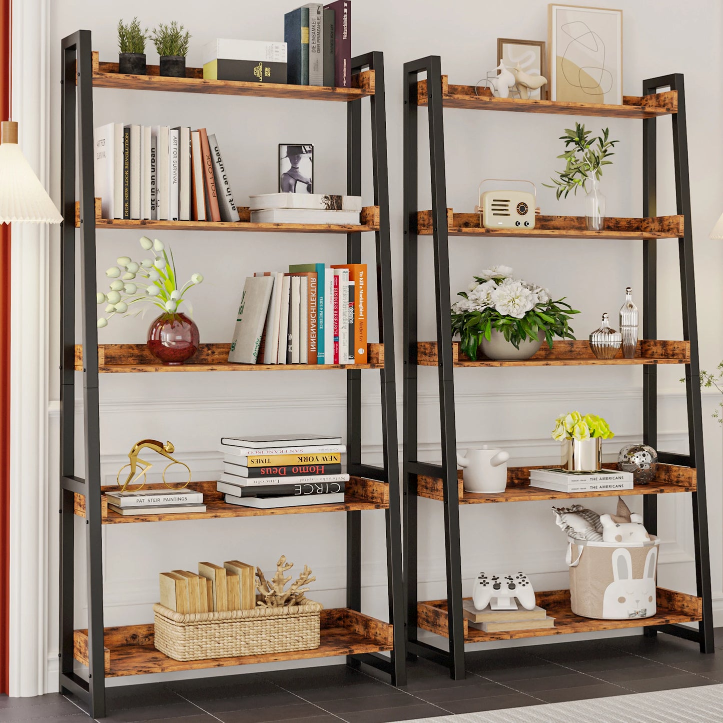 Ironck Industrial 5 Tier Bookshelf Ladder Shelf Metal Frame