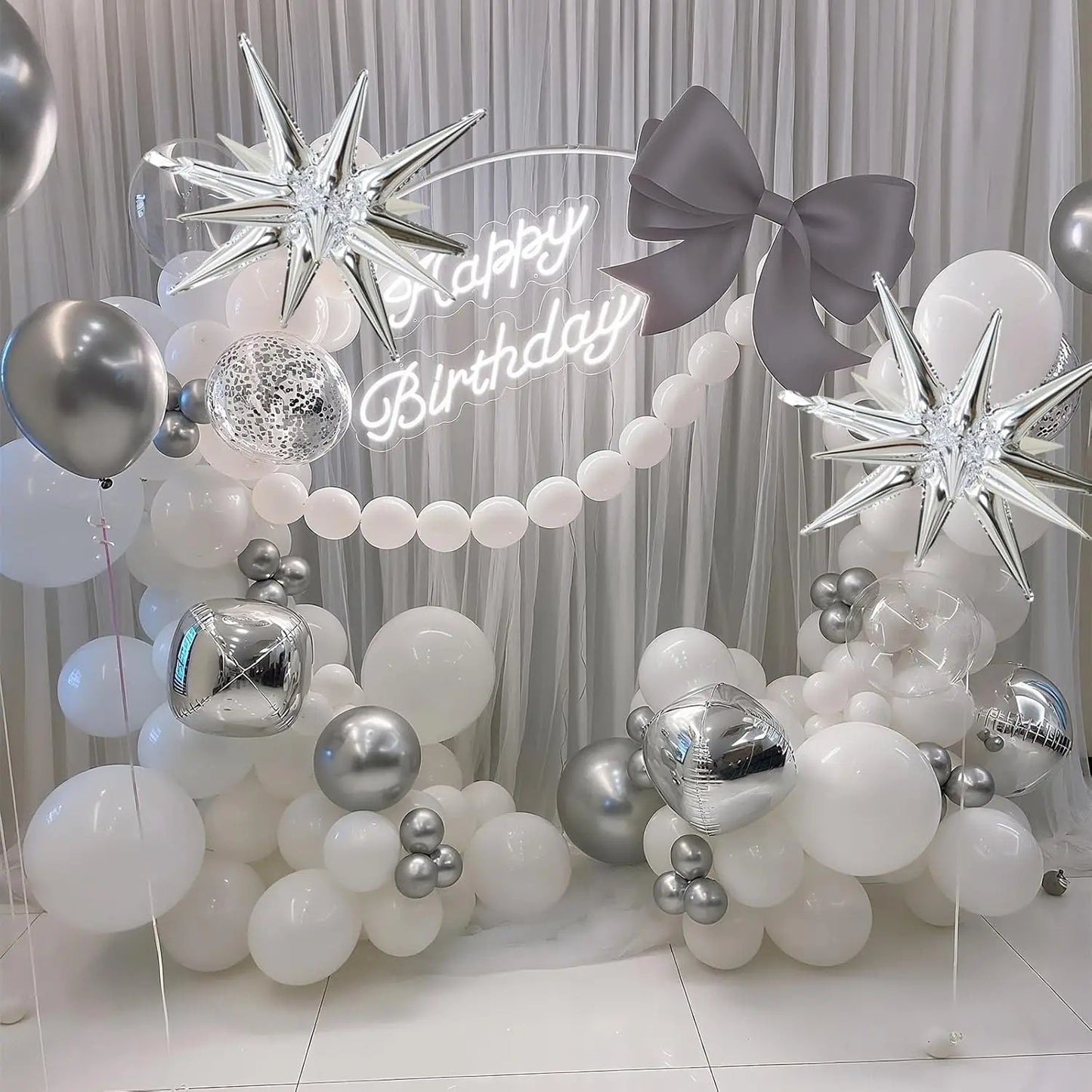 100 gray, silver, and white balloon sets with silver exploding star arches suitable for birthday, Christmas, New Year decoration