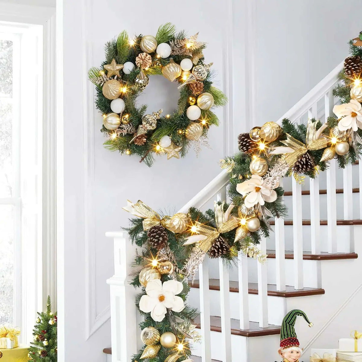 Garvee Battery Operated Pre Lit Christmas Wreath With Pine Cones
