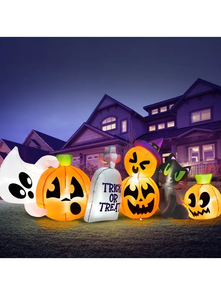 8 FT Long Halloween Inflatables Outdoor Decoration Halloween Blow Up Decorations Outside Inflatable Pumpkin Ghost Cat Tombstone with LEDs for Yard Decor