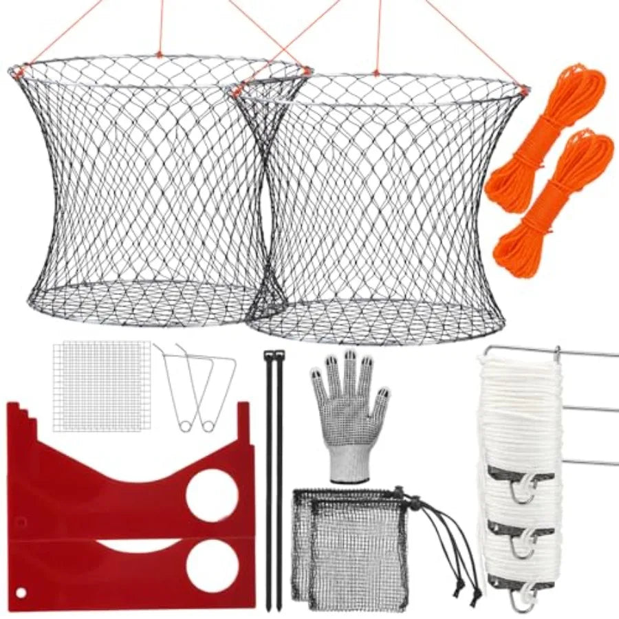 Crabbing dock pier kit: foldable 24-inch two-ring hoop net traps with rope, bait bag, clip, ruler, buoy, line, wire meshdurable