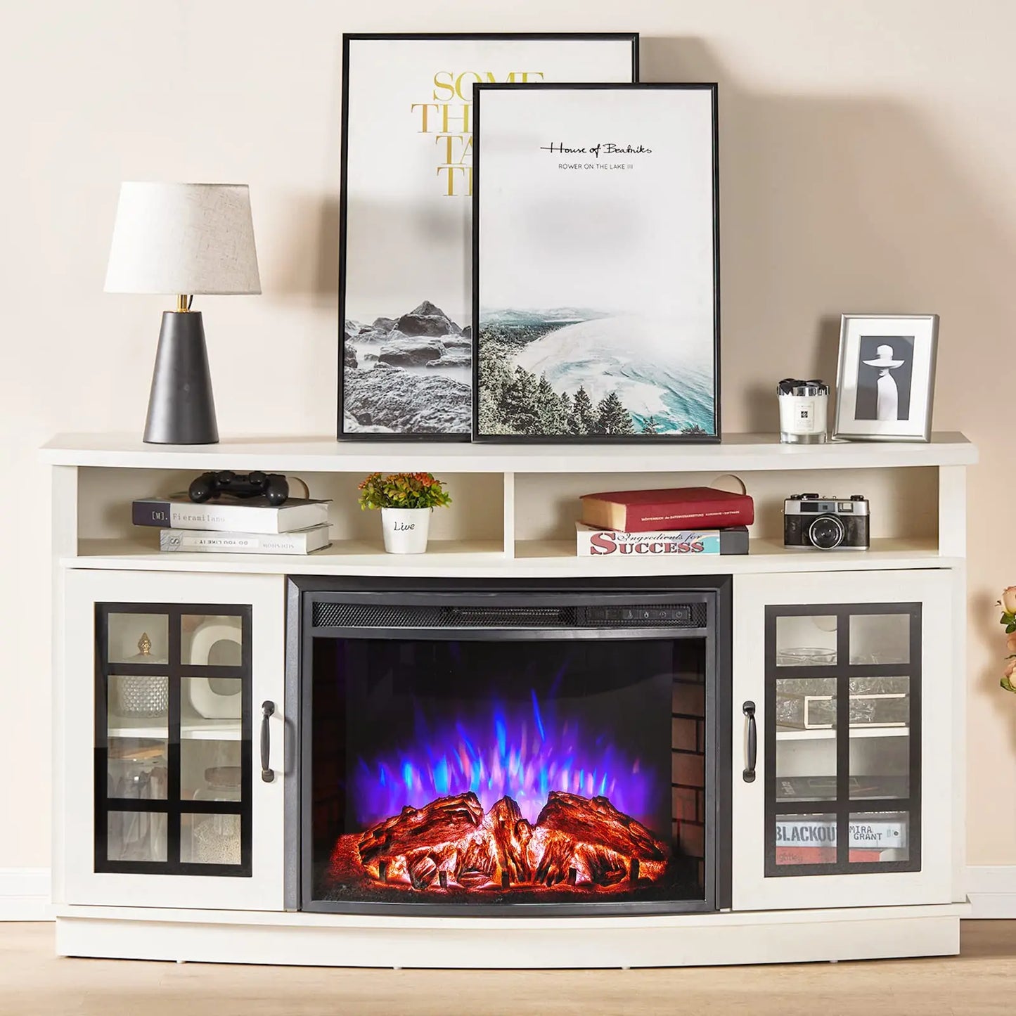 Curved Electric Fireplace TV Stand With Glass Door Storage