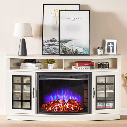 Curved Electric Fireplace TV Stand With Glass Door Storage