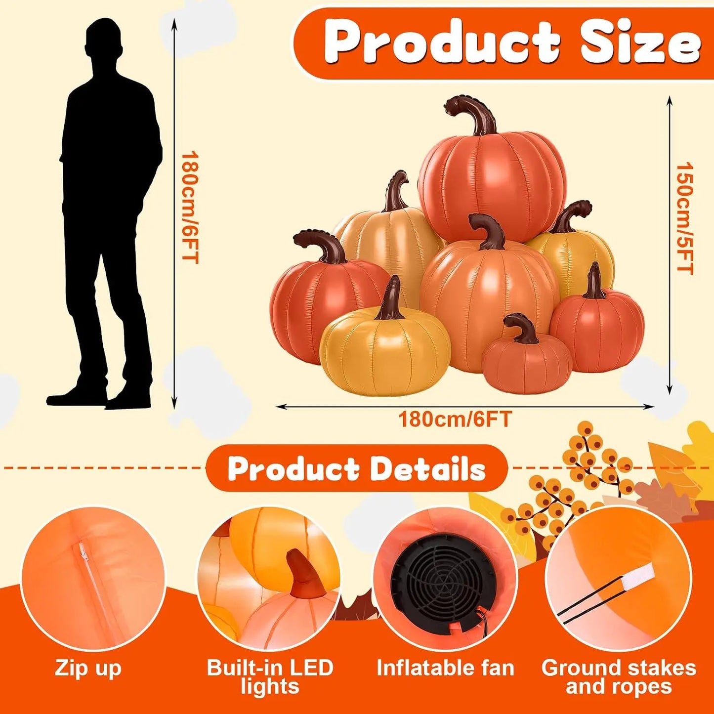6 ft Tall Fall Thanksgiving Pumpkin Inflatable Decorations with Build-in LEDs Fall Harvest Stacked Pumpkin Blow up Outdoor Infla