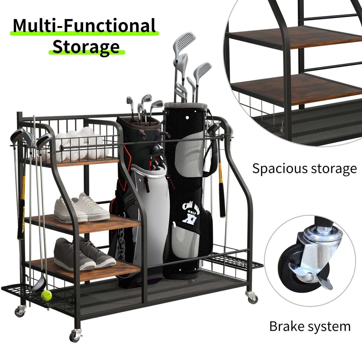 Metal Rolling Three Tier Golf Bag Storage Shelf Rack