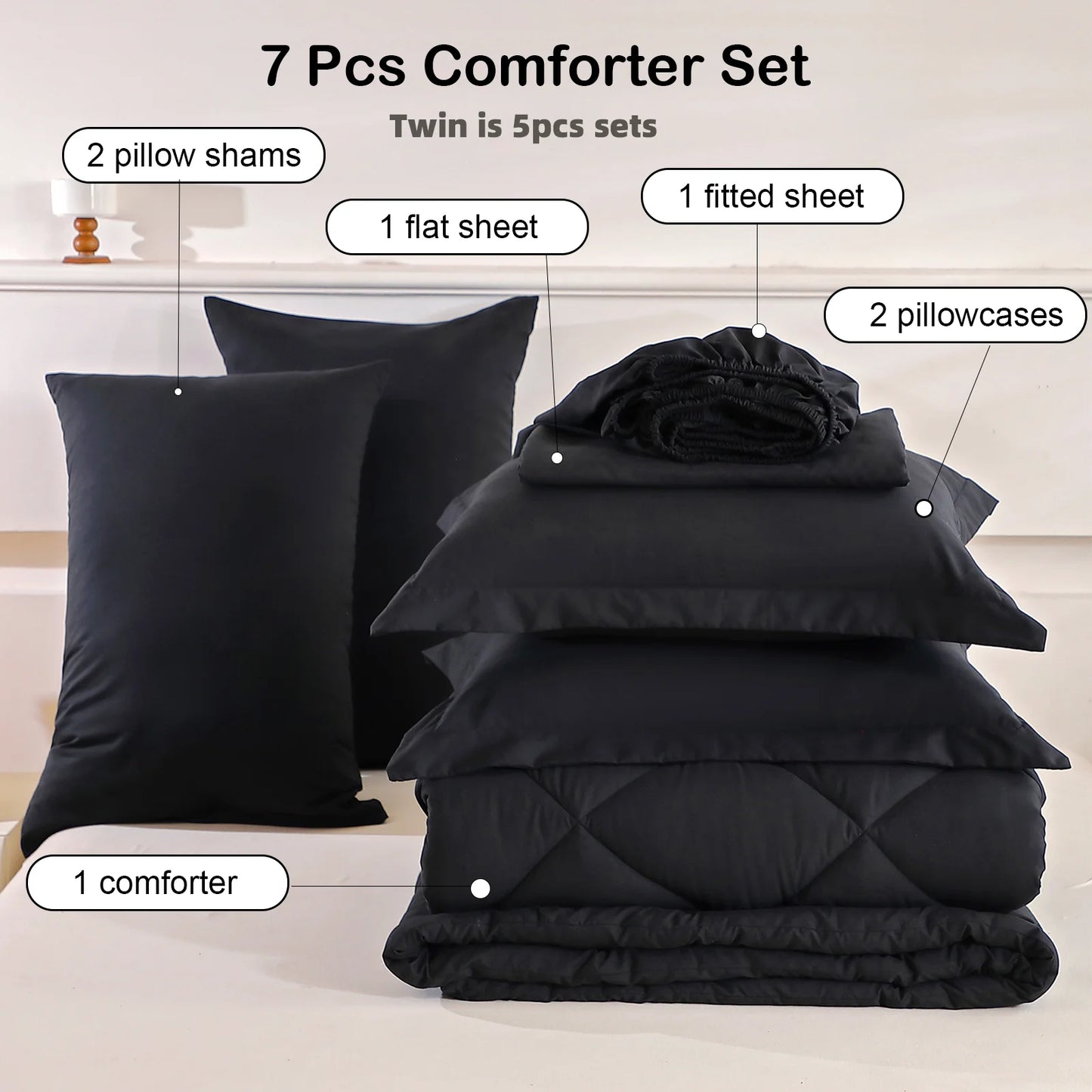 easYum 7 Piece Bedding Set Comforter Flat Sheet Fitted Pillowcases