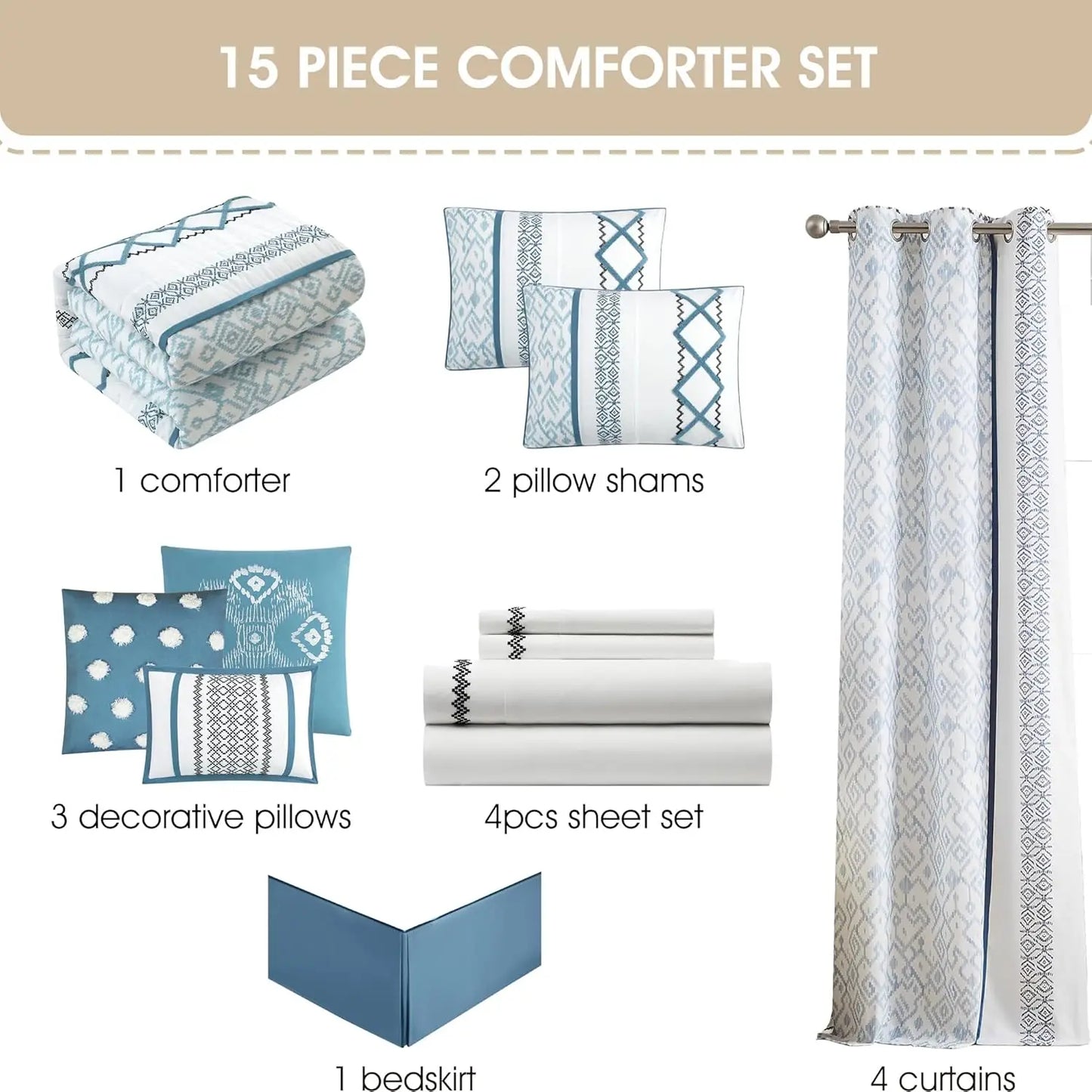 All Season Embroidered Comforter Set With Curtains And Sheet Set