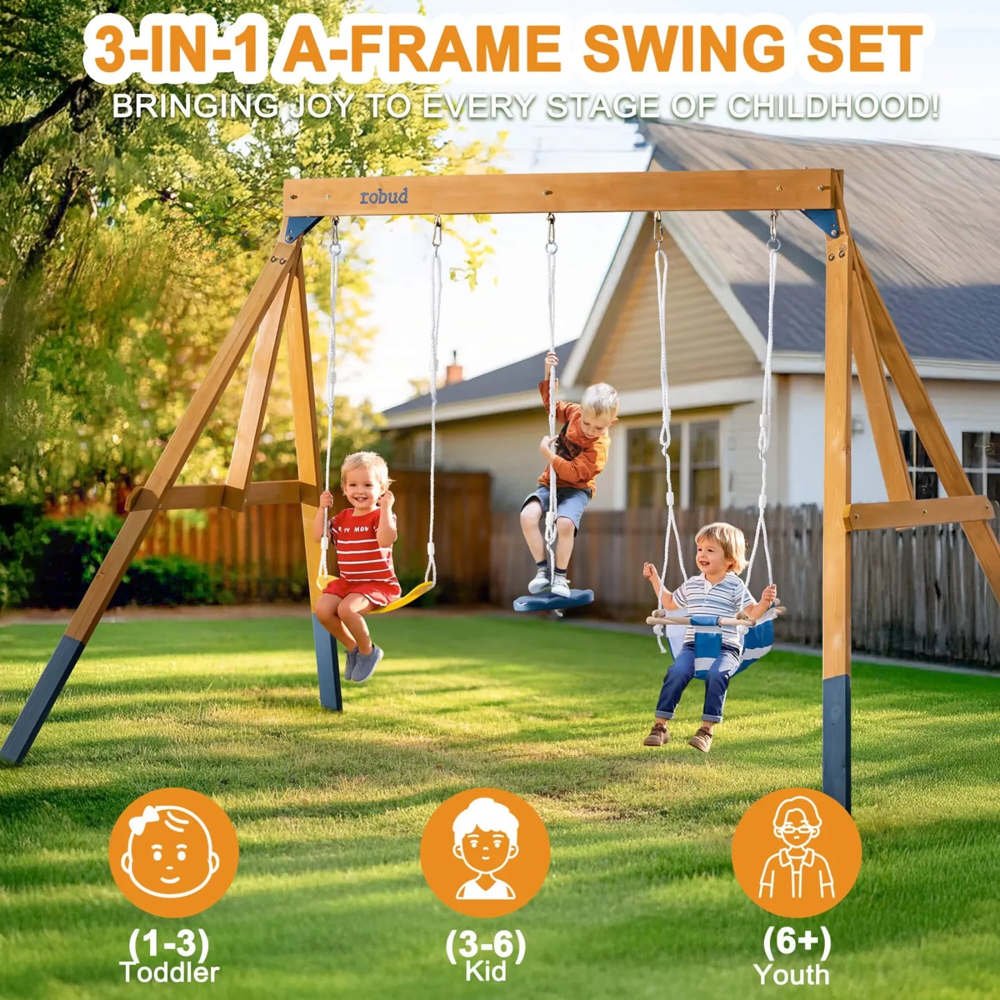 Robotime 3 In 1 Playground Wooden Swing Set For Backyard