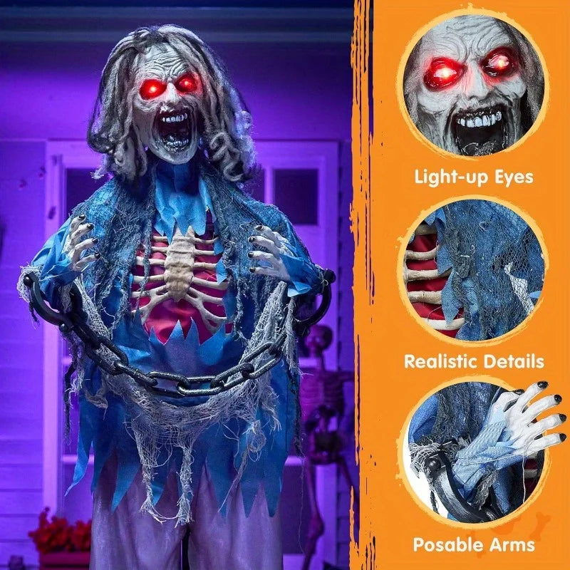 68" Zombie Halloween Decorations Standing Zombie Halloween Animatronics Decor with Chain, Life Size Ghost with Light-up Eyes and Creepy Sound, Animated Halloween Props for Haunted House Patio Yard