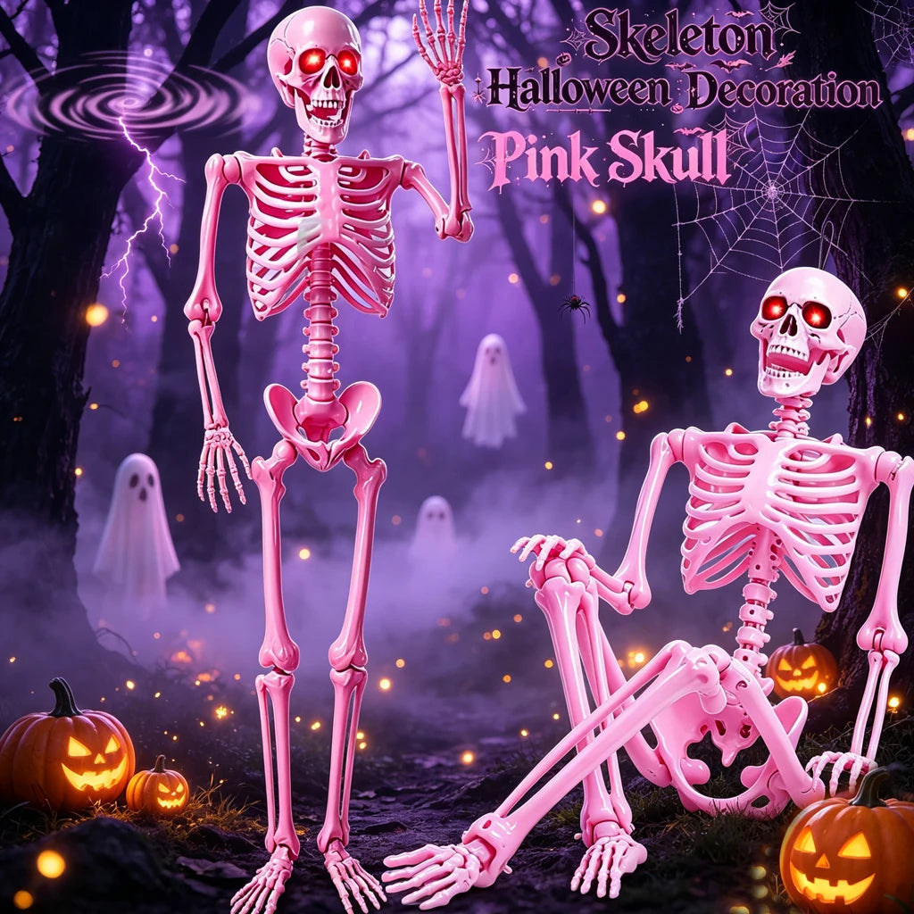 Sound Activated 5.6FT Pink Full Body Posable Skeleton with Glowing Red LED Eyes, Creepy Ghost Voice Halloween Skull Decoration, Movable Joint Plastic Bones for Yard, Haunted House, Cemetery & Spooky Party Indoor Outdoor Decor