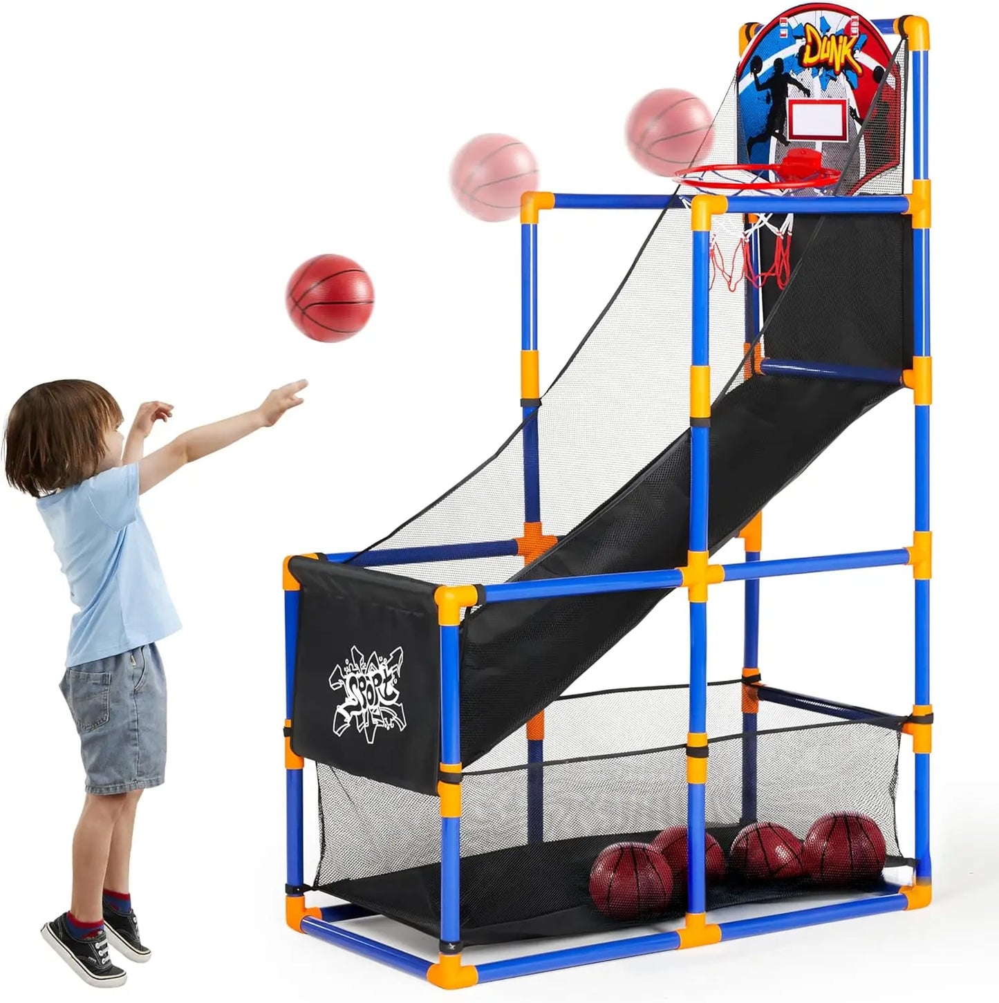 Joyfy Kids Arcade Basketball Game Set With 4 Balls And Hoop Indoor Outdoor Play