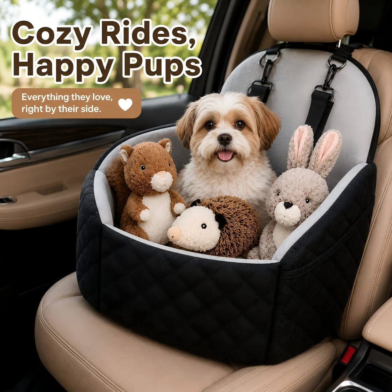 Compact Dog Car Seat Bed With Washable Cushion Travel Straps