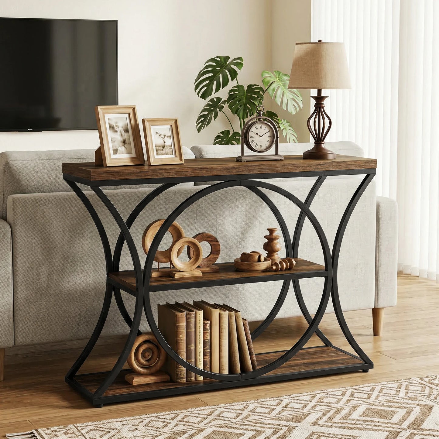 Tribesigns 43.34-Inch Industrial Console Table, 3-Tier Sofa Table with Arched Metal Frame, Narrow Accent Entryway Tables with Storage Shelf for Living Room, Behind Couch, Hallway, Foyer, Small Spaces