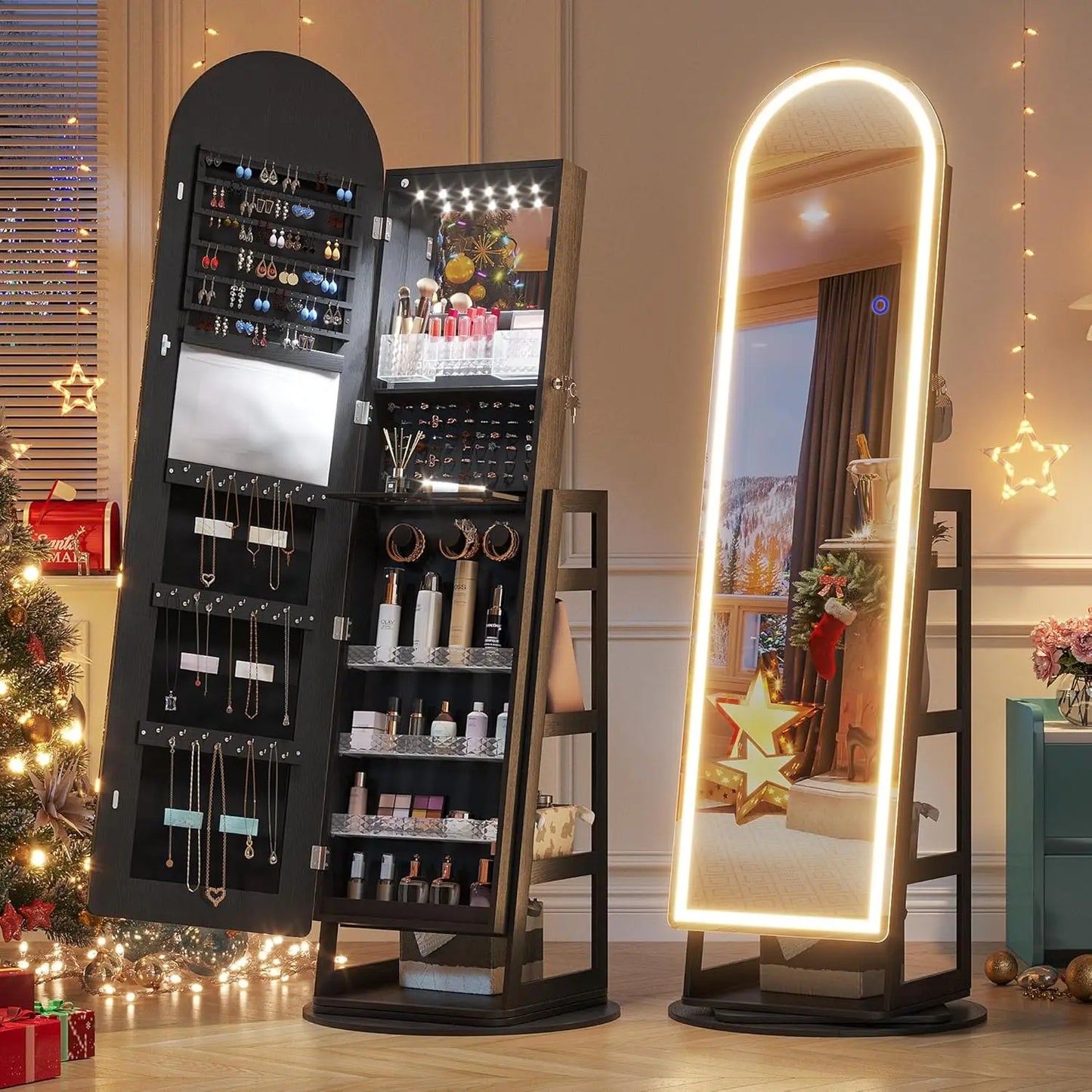 MOYU 360 Degree Swivel Arched Jewelry Mirror Cabinet with LED