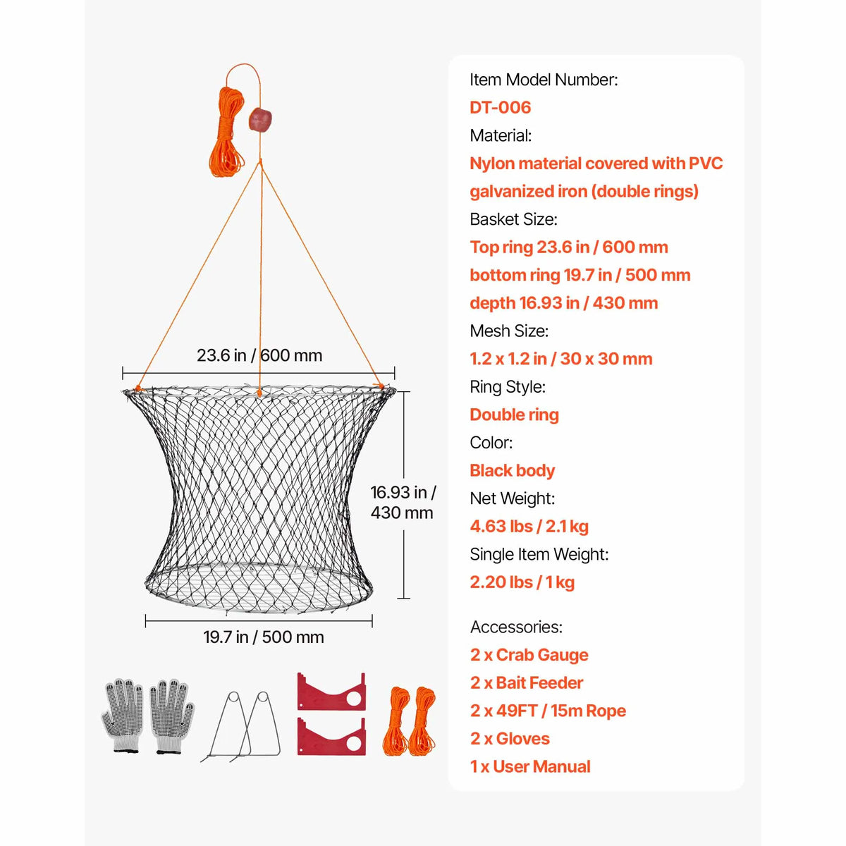 SucceBuy Double Ring Crab Trap 24in Top 20in Bottom Two Rings Crab Kit Foldable Fishing Net with Gauge 60ft Rope Wire Grid 2set