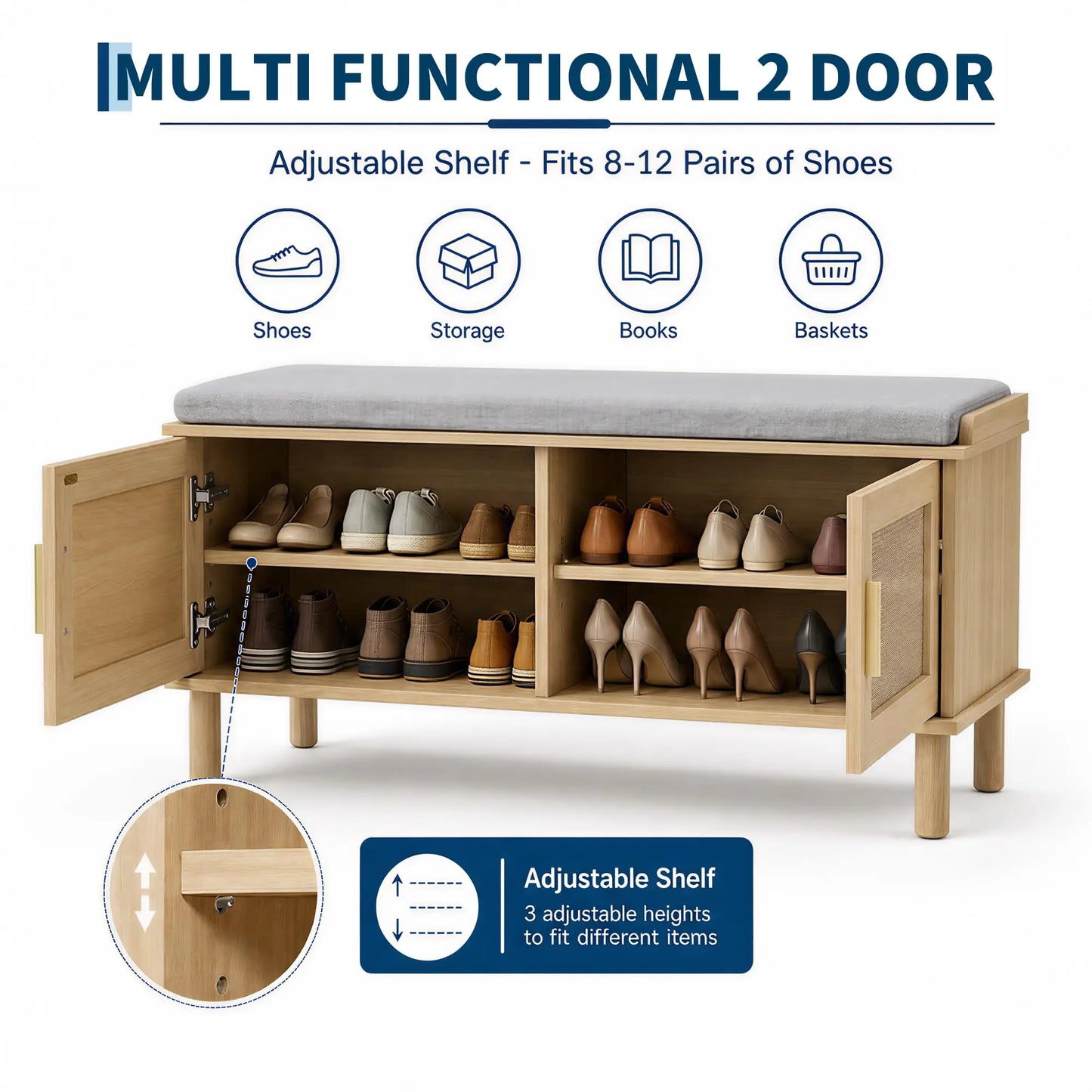 Rattan Shoe Storage Bench With Cushion, Adjustable Shelf Entryway Shoe Cabinet, Hidden Storage Organizer With Gold Handles For Hallway