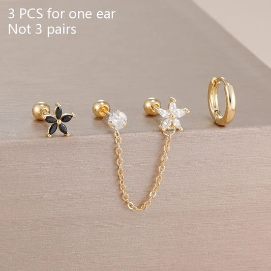 3PCS Stainless Steel Zircon Flower Star Ear Stud Earrings Set 14K Gold Plated Chain Cartilage Piercing Earring Women's Jewelry