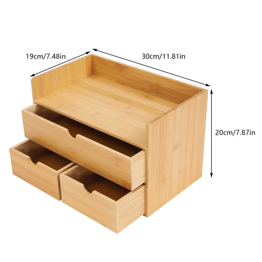 Bamboo Desk Organizer, with 3 Drawers, Tabletop Cosmetic Storage Desk Organizer, Simple Design, Home Office NEW