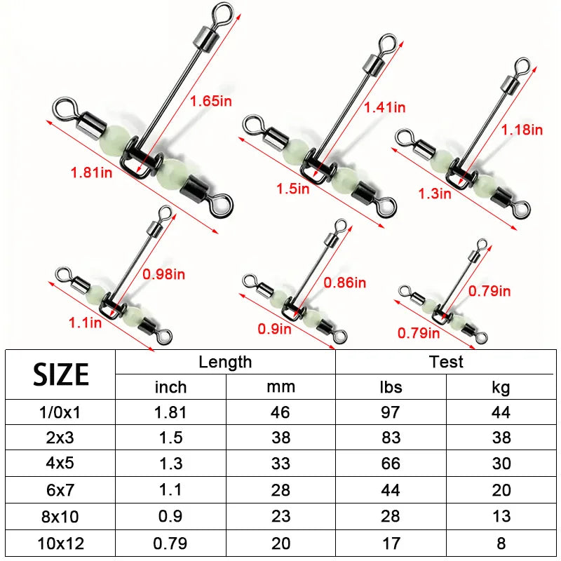 30pcs 3 Way Fishing Swivels Cross Line T Shape Swivels Fishing Snap Connectors with Glow Beads Tackle Saltwater Freshwater