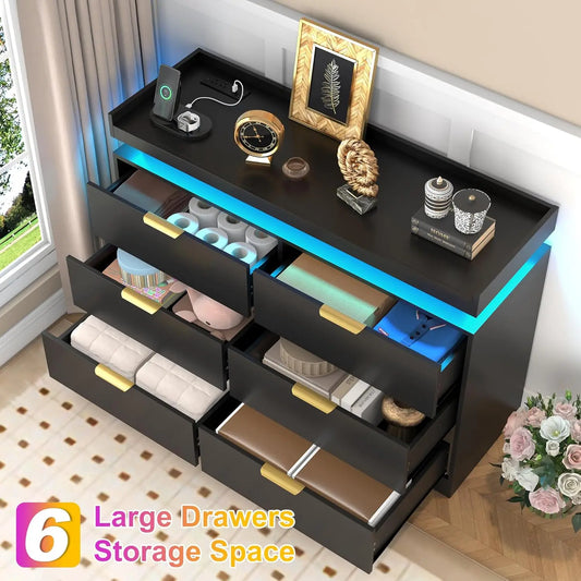 6 Drawer Dresser For Bedroom With LED Lights And Outlet