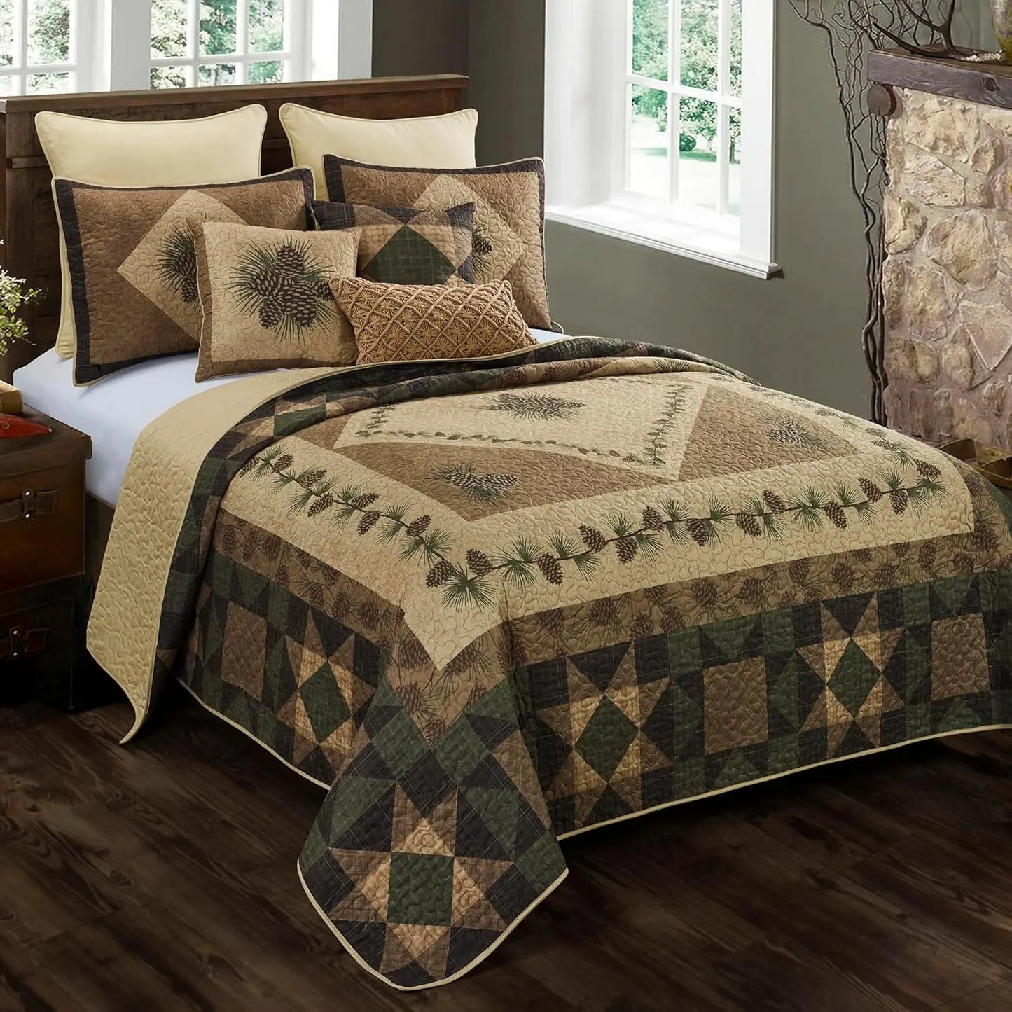 Polyester Bedding Set 4 Piece Lodge Quilt With Two Shams