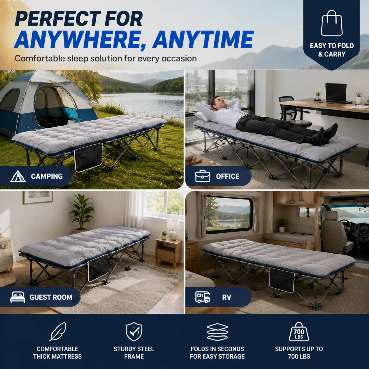 Portable Foldable Camping Cot With Thick Padded Mattress
